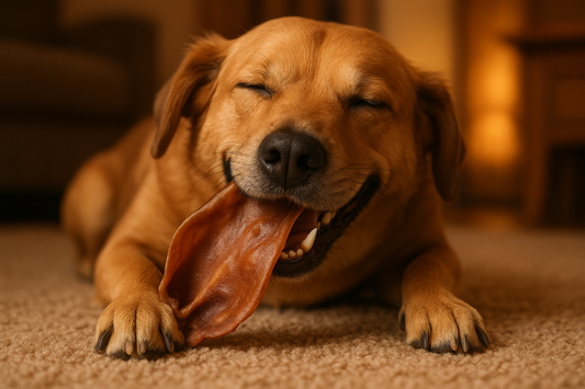 Dog eating pig ear dog treat 
